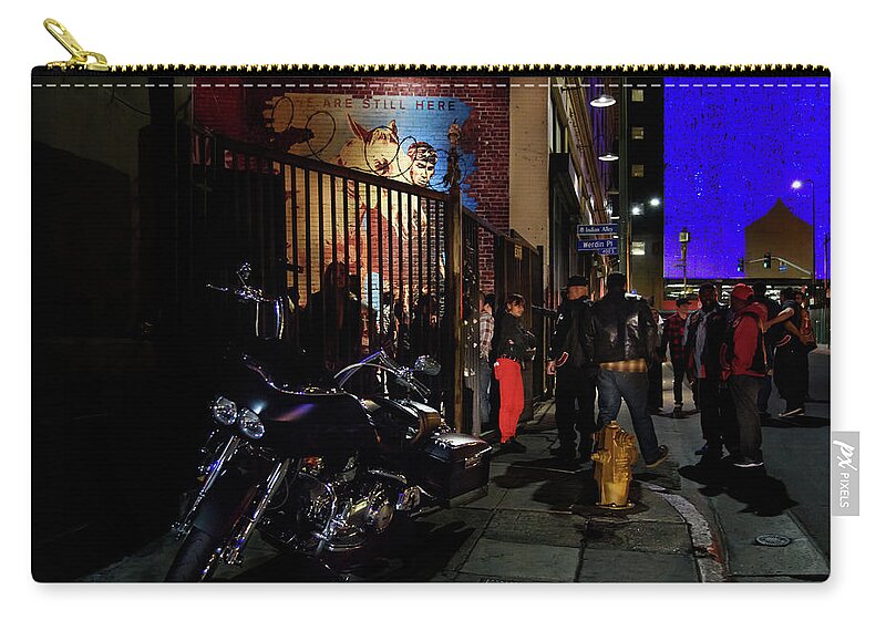 Motorcycle Club At Night Zip Pouch featuring the photograph Los Angeles Street Photography by Mark Stout