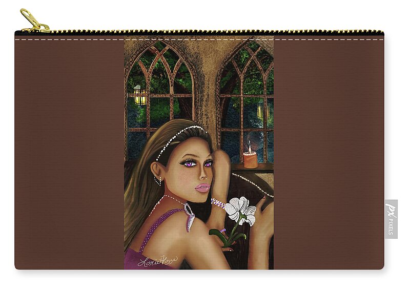Girl Castle Whimsical Illustrative Purple Eyes Candles Zip Pouch featuring the mixed media Lost Innocence by Lorie Fossa