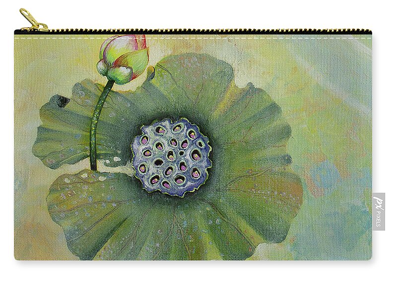 Lotus Zip Pouch featuring the painting Lotus pool. 4th of 4 parts by Yuliya Glavnaya