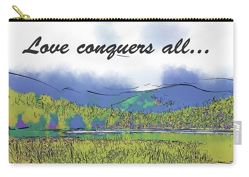 Hidden Lake Zip Pouch featuring the digital art Love Conquers All Mountain Meadow Lake by Kirt Tisdale