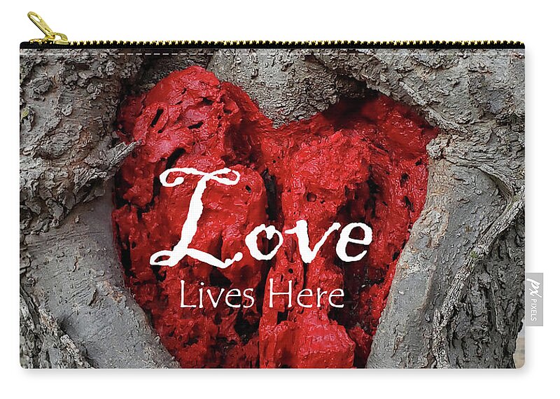 Love Zip Pouch featuring the photograph LOVE LIVES HERE Red Heart In a Tree by Lynnie Lang