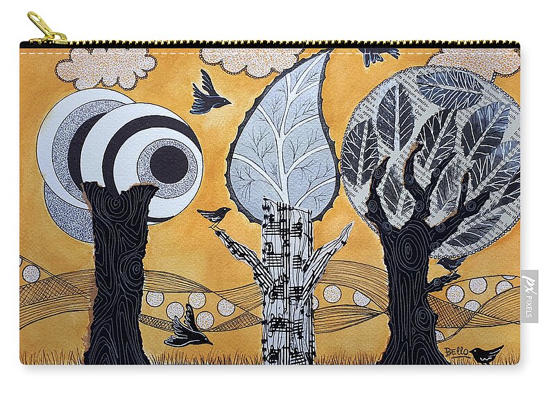 Illustration Zip Pouch featuring the painting Lovely trees and birds. by Graciela Bello