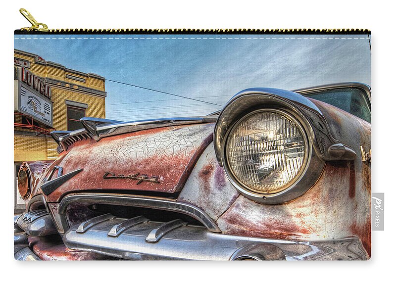 Lowell Zip Pouch featuring the photograph Lowell Arizona Old Rusted Car Lowell Movie Theater Square by Toby McGuire