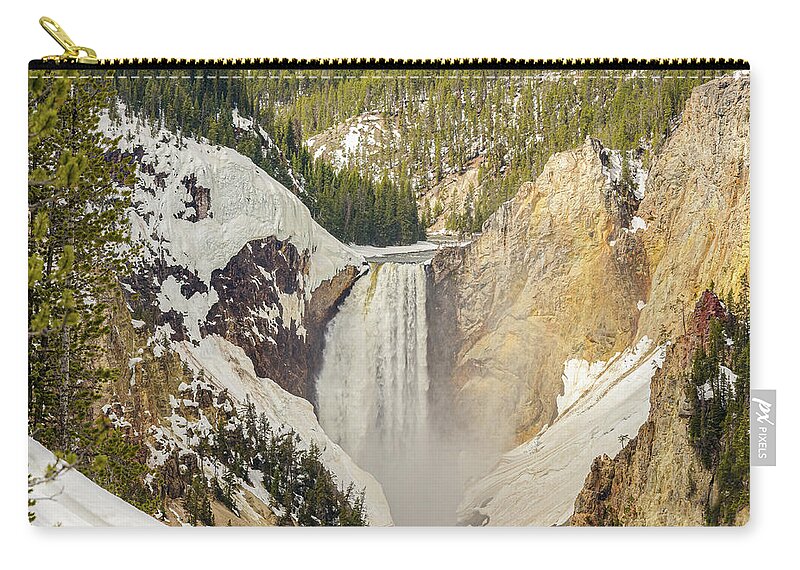 Lower Yellowstone Falls Zip Pouch featuring the photograph Lower Yellowstone Falls In Winter by Yeates Photography