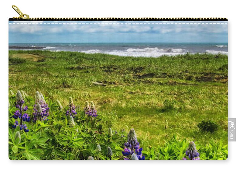 Clouds Zip Pouch featuring the photograph Lupines at the Edge of the Sea Vertical Panorama by Debra and Dave Vanderlaan