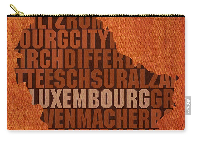 Luxembourg Zip Pouch featuring the mixed media Luxembourg Country Word Map Typography On Distressed Canvas by Design Turnpike