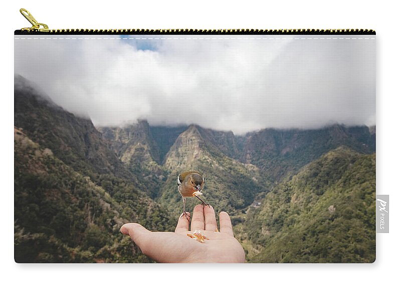 Balcoes Viewpoint Zip Pouch featuring the photograph Madeiran chaffinch has flown to the man's hand for food crumbs by Vaclav Sonnek