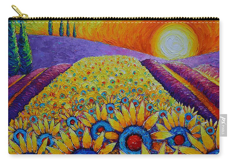 Provence Zip Pouch featuring the painting MAGIC OF PROVENCE SUNFLOWERS AND LAVENDER FIELDS landscape commissioned painting Ana Maria Edulescu by Ana Maria Edulescu