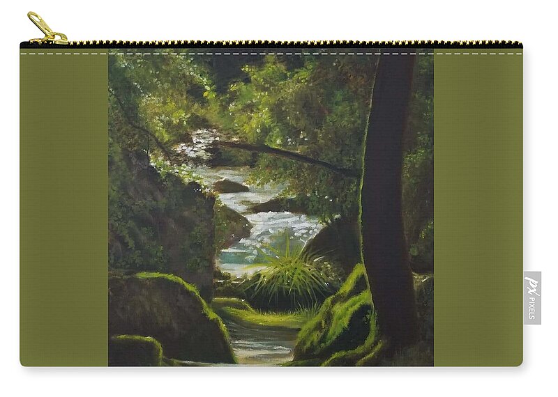 Water Trees Green Zip Pouch featuring the painting Magic Stream by Caroline Philp