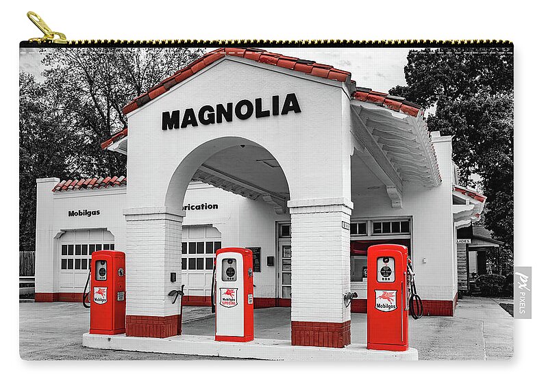 Little Rock Zip Pouch featuring the photograph Magnolia Gas Station In Selective Color - From Gas Pumps To Little Rock History by Gregory Ballos