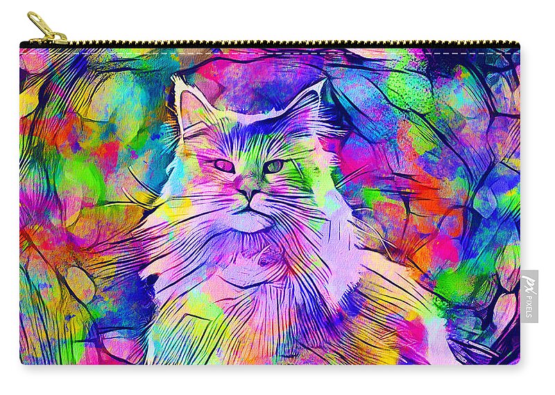 Maine Coon Zip Pouch featuring the digital art Maine Coon cat looking at camera - colorful lines digital painting by Nicko Prints