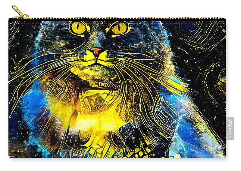 Maine Coon Zip Pouch featuring the digital art Maine Coon cat sitting - starry blue with yellow colorful painting by Nicko Prints