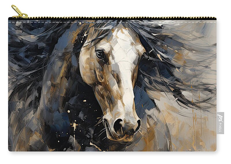 Navy Blue Zip Pouch featuring the painting Majestic Equine - Indigo and Gold Art by Lourry Legarde