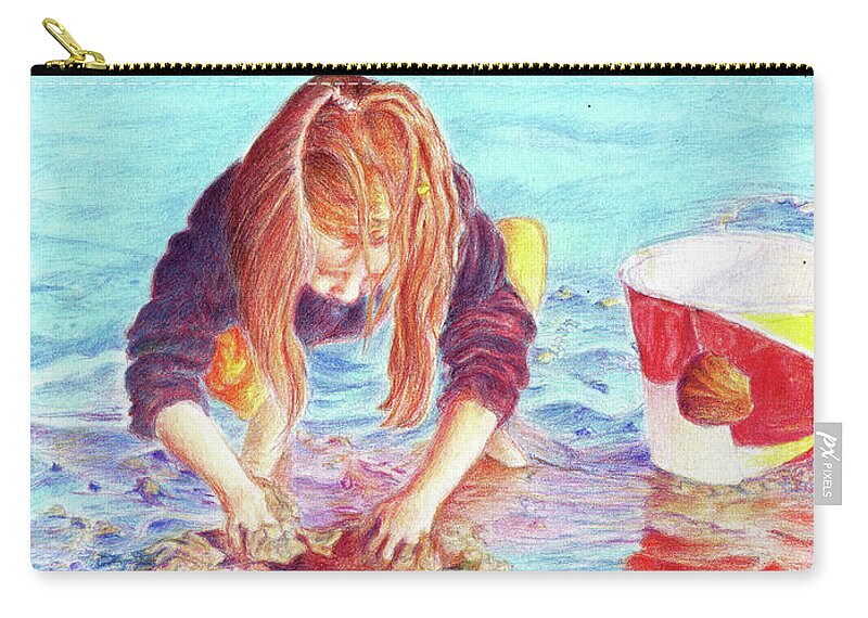 Little Girl Playing On The Beach Zip Pouch featuring the drawing Making Waterways by Susan Camp Hilton