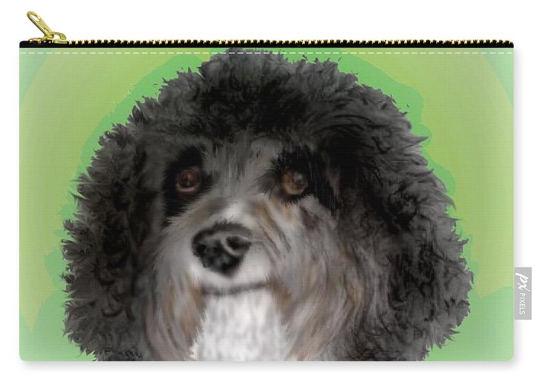 Malcolm Cockapoo Cute Picture Dog Curly Dog Black Dog Pencil Sketch Mixed Media Digitally Enhanced. Zip Pouch featuring the mixed media Malcolm poses by Pamela Calhoun