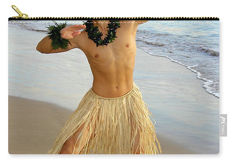 Beach Zip Pouch featuring the photograph Male Hula Dancer performing on the sand by Gunther Allen