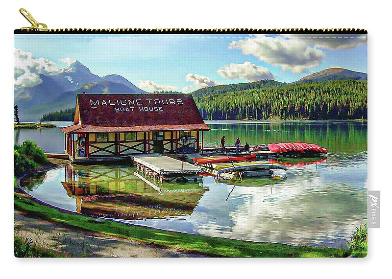 Maligne Lake Boat House Fine Art Print Zip Pouch featuring the photograph Maligne Lake Boat House by Jerry Cowart