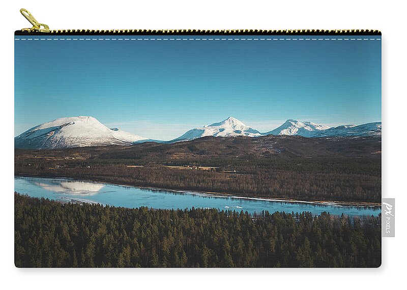 Touristic Carry-all Pouch featuring the photograph Malselva River with a reflection on the snow-covered hills by Vaclav Sonnek
