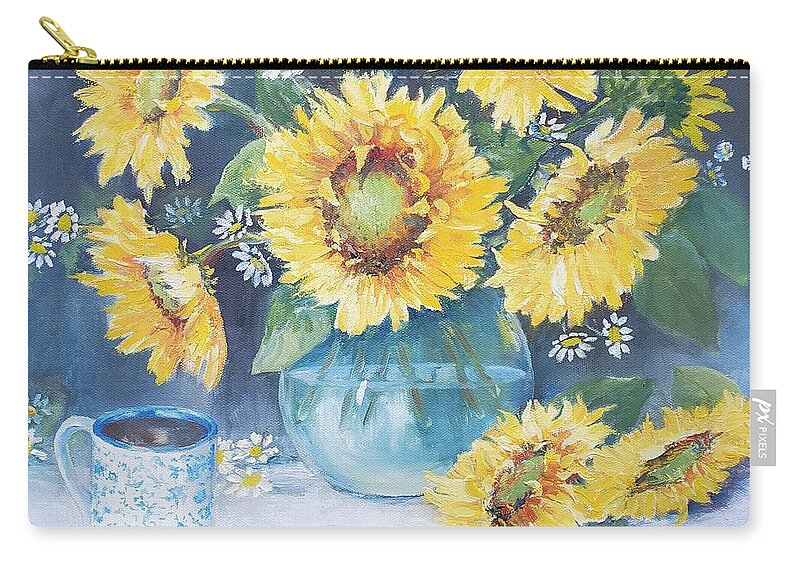 Sunflowers Autumn Coffee Harvest Carry-all Pouch featuring the painting Mama's Cup with Sunflowers by ML McCormick