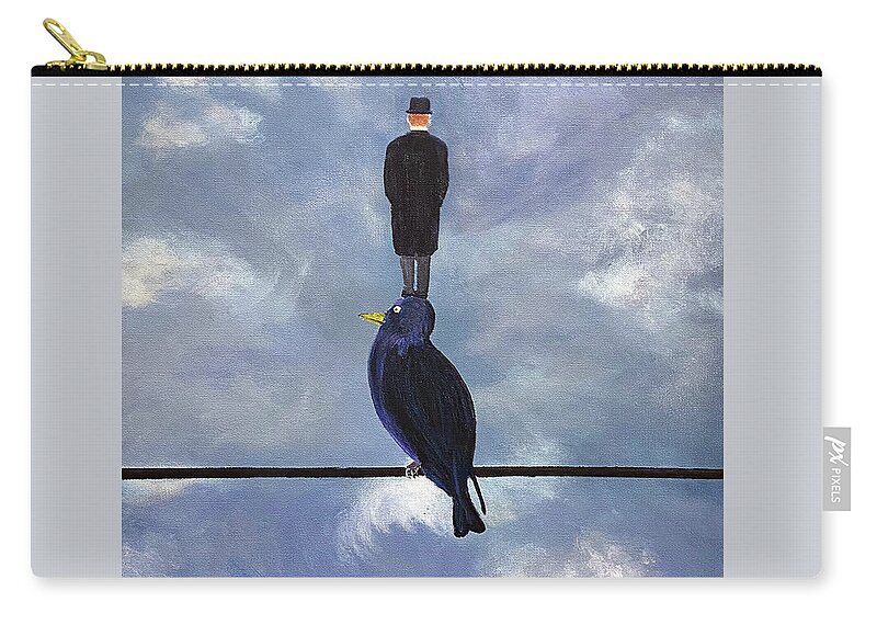 Magritte Zip Pouch featuring the painting Man On A Bird On A Wire by Thomas Blood