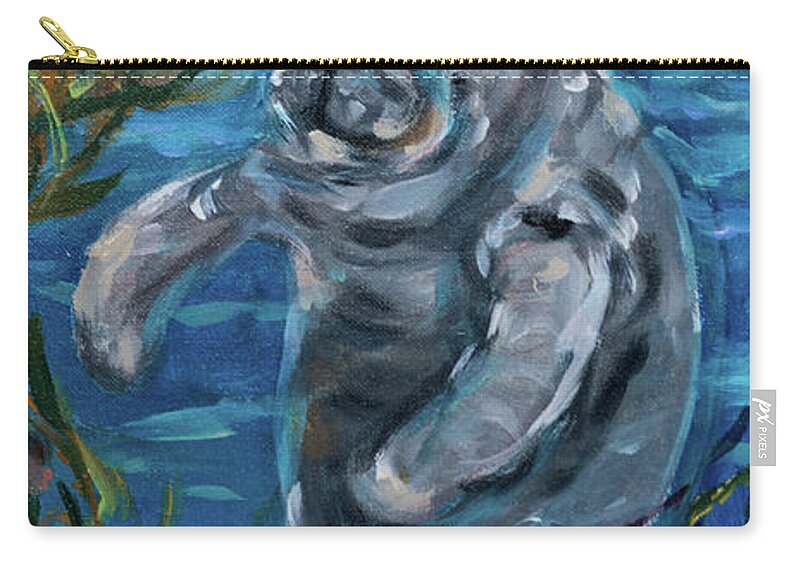 Ocean Zip Pouch featuring the painting Manatee Smile by Linda Olsen