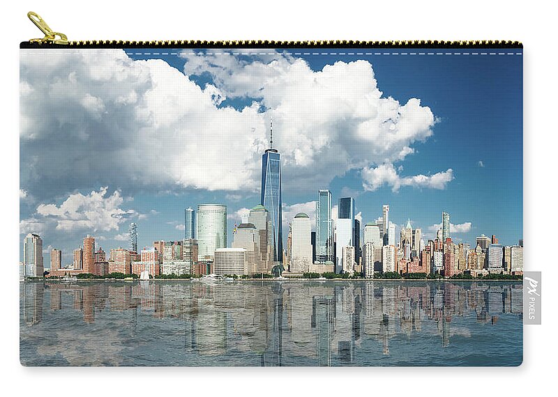 America Zip Pouch featuring the photograph Manhattan skyline, reflection on Hudson river by Jean-Luc Farges