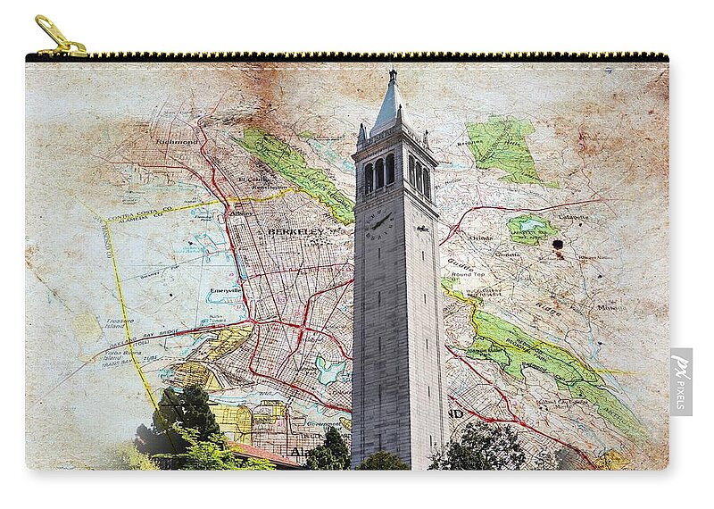 Berkeley Zip Pouch featuring the digital art Map of Berkeley, California, on old paper with the Sather Tower by Nicko Prints