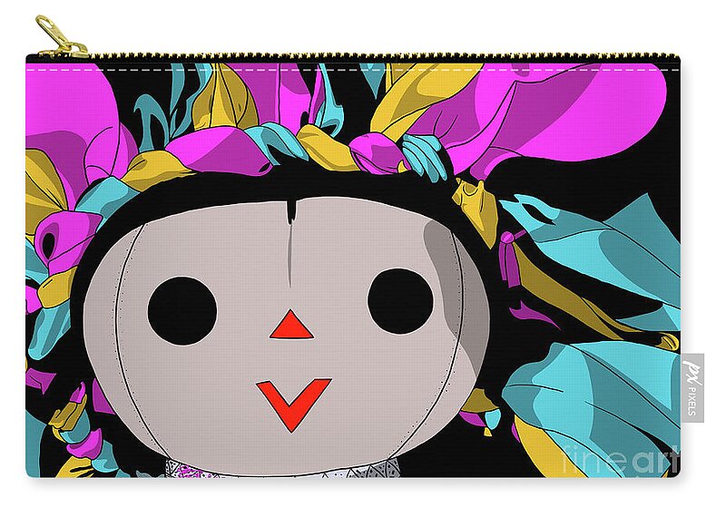 Mazahua Zip Pouch featuring the digital art Maria Doll yellow pink turquoise by Marisol VB