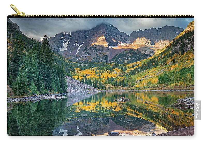Maroon Bells Zip Pouch featuring the photograph Colorado Maroon Bells Reflections by Harriet Feagin