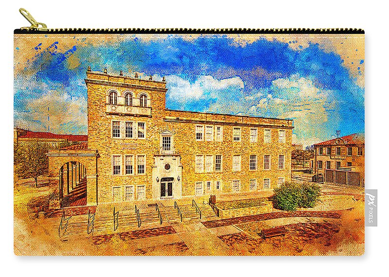 Mathematics And Statistics Building Zip Pouch featuring the digital art Mathematics and Statistics building of the Texas Tech University - digital painting by Nicko Prints