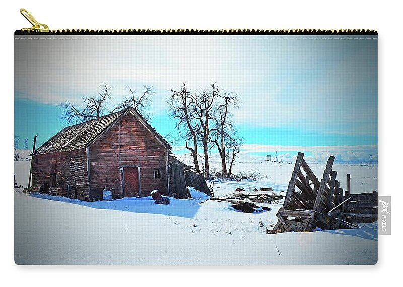  Zip Pouch featuring the digital art May Homestead, The Small Barn In Winter. by Fred Loring