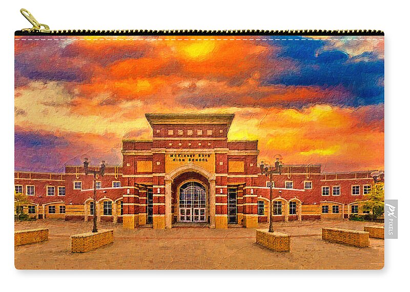 Mckinney Boyd High School Zip Pouch featuring the digital art McKinney Boyd High School at sunset - digital painting by Nicko Prints