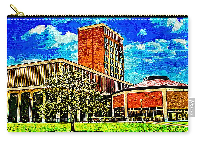 Texas Tech University College Of Media & Communication Zip Pouch featuring the digital art Media and Communications Building of the Texas Tech University - impressionist painting by Nicko Prints