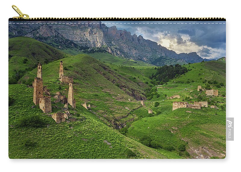 Tower Zip Pouch featuring the photograph Medieval tower complex in mountains by Mikhail Kokhanchikov