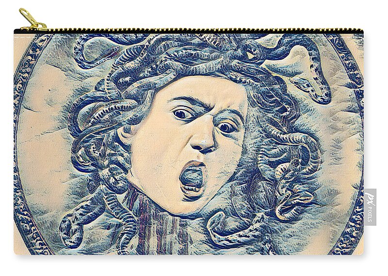 Medusa Zip Pouch featuring the digital art Medusa by Caravaggio in the style of the Great Wave off Kanagawa - digital recreation by Nicko Prints