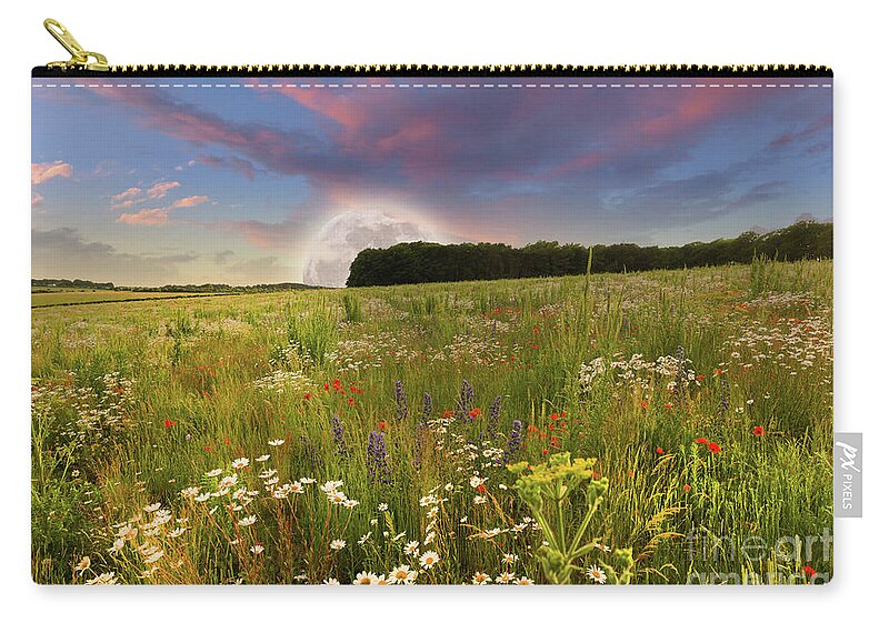 Norfolk Zip Pouch featuring the photograph Mega moon rising over flower meadow by Simon Bratt