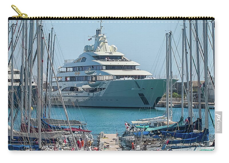 Alpes Mari Zip Pouch featuring the photograph Mega yacht in Antibes by Jean-Luc Farges