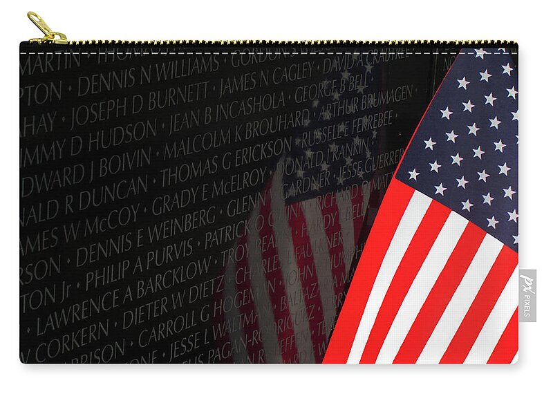 Old Glory Zip Pouch featuring the photograph Memorial Wall and Old Glory by Ram Vasudev
