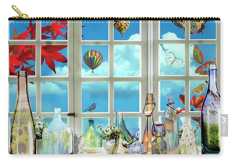 Bird Zip Pouch featuring the digital art Memory Jars in the Blue Sky Window by Debra and Dave Vanderlaan