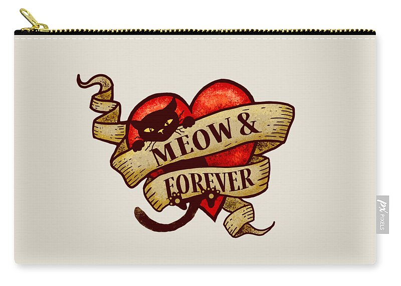 Meow And Forever Zip Pouch featuring the digital art Meow and Forever Cat Heart Tattoo by Laura Ostrowski