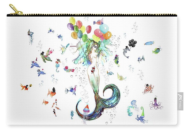 Mermaid Zip Pouch featuring the mixed media Mermaid Fetish Party by Carolyn Weltman