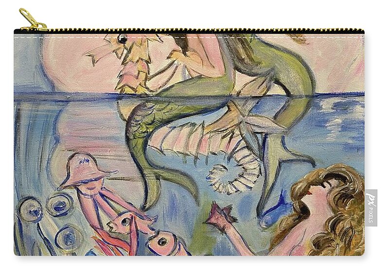 Mermaids Zip Pouch featuring the painting Mermaids by Denice Palanuk Wilson