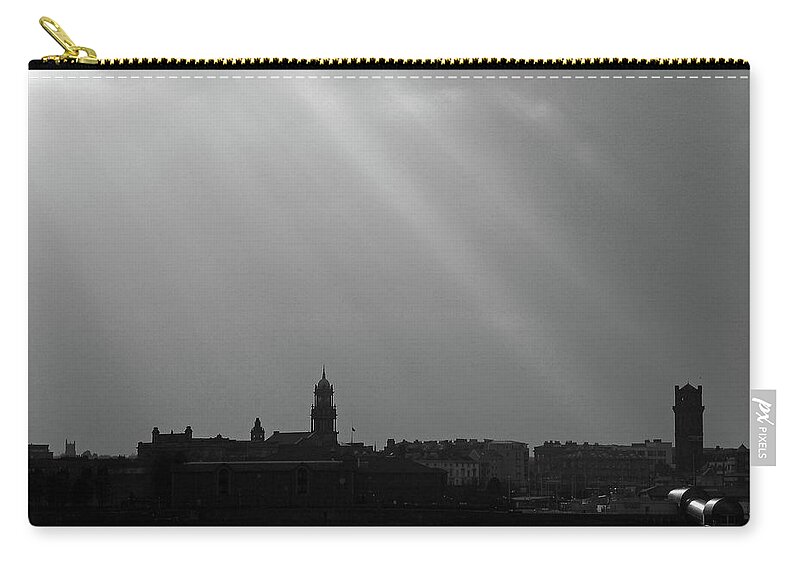 Liverpool; River Mersey; Black And White; Landscape; Cityscape; Skyline; Great Britain; Merseyside; Wirral Birkenhead; Sunbeams; Silhouette; Sky; Clouds; England; Zip Pouch featuring the photograph Mersey Sunbeams by Lachlan Main