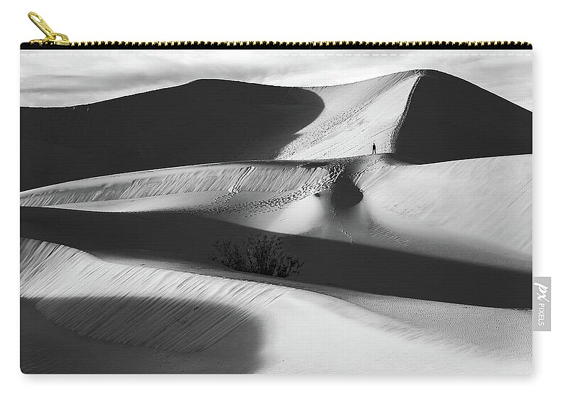 American Landscape Carry-all Pouch featuring the photograph Lone Hiker on Dunes bw by Jonathan Nguyen