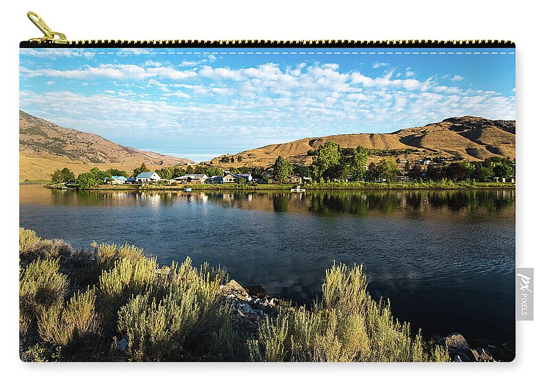 Methow River Reflections Of Pateros Zip Pouch featuring the photograph Methow River Reflections of Pateros by Tom Cochran
