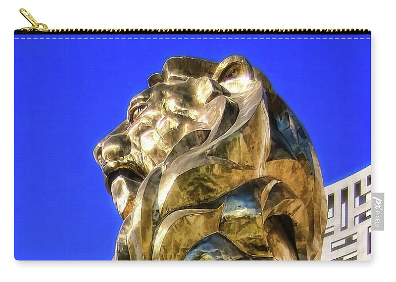 Lion Zip Pouch featuring the photograph MGM Lion Sculpture, Las Vegas by Tatiana Travelways