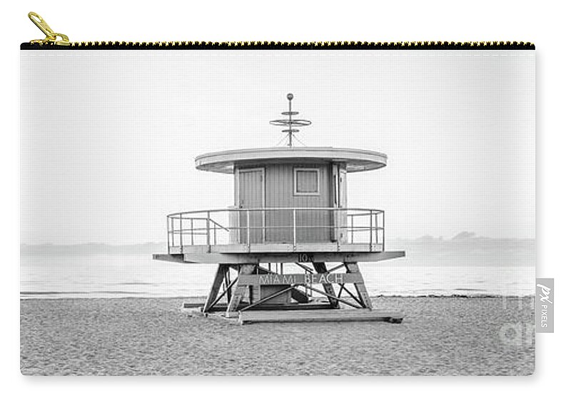 2022 Zip Pouch featuring the photograph Miami Beach 10th Sreet Lifeguard Tower Black and White Panorama by Paul Velgos
