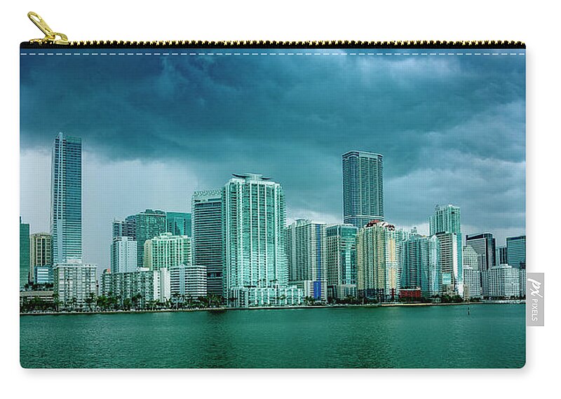 Biscayne Bay Carry-all Pouch featuring the digital art Miami Skyline from Biscayne Bay by SnapHappy Photos