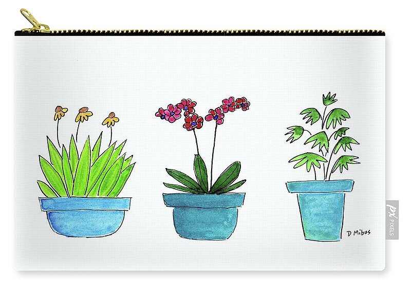 Mid Century Modern Plants Zip Pouch featuring the painting Mid Century Blue Potted Plants by Donna Mibus