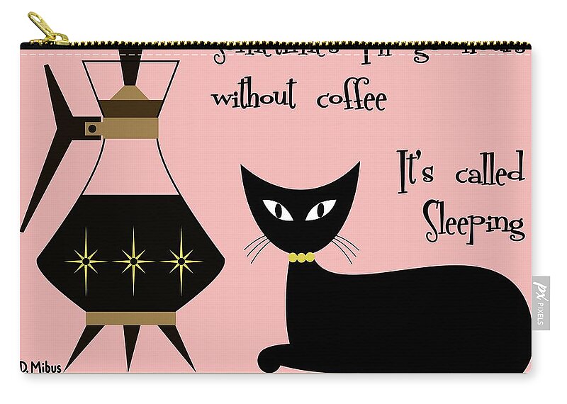 Mid Century Cat Zip Pouch featuring the digital art Mid Century Coffee Cat Pink by Donna Mibus